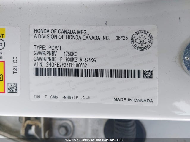 Продажа на аукционе авто 2026 Honda Civic Lx, vin: 2HGFE2F25TH100662, номер лота: 12675272