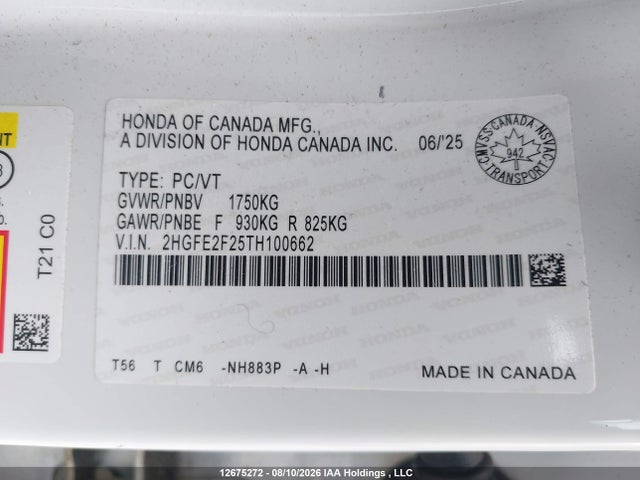 Продажа на аукционе авто 2026 Honda Civic Lx, vin: 2HGFE2F25TH100662, номер лота: 12675272