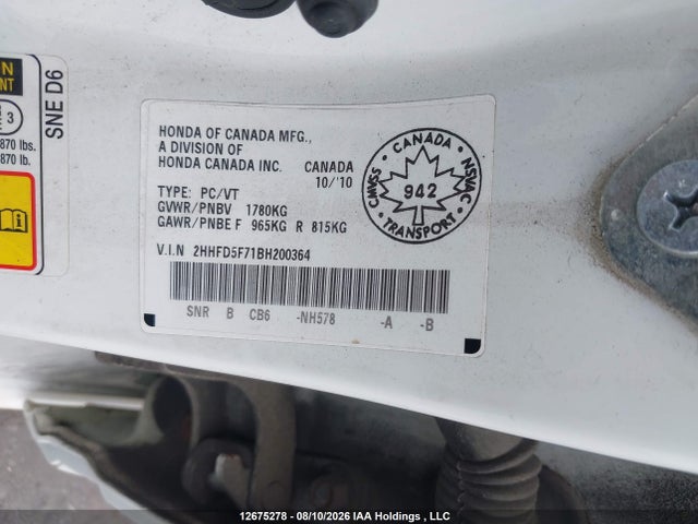 2011 Acura Csx Technology მანქანა იყიდება აუქციონზე, vin: 2HHFD5F71BH200364, აუქციონის ნომერი: 12675278