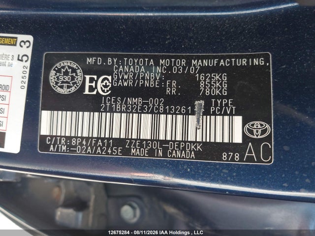 12675284 :رقم المزاد ، 2T1BR32E37C813261 vin ، 2007 Toyota Corolla مزاد بيع