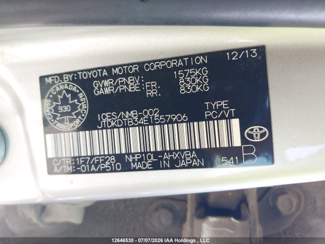 2014 Toyota Prius C მანქანა იყიდება აუქციონზე, vin: JTDKDTB34E1557906, აუქციონის ნომერი: 12646530