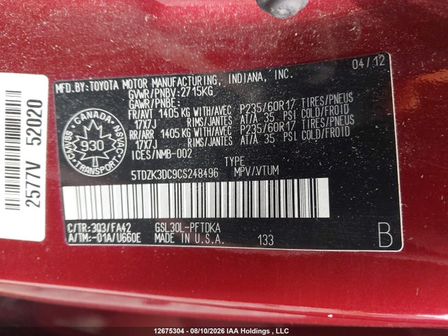 12675304 :رقم المزاد ، 5TDZK3DC9CS248496 vin ، 2012 Toyota Sienna مزاد بيع