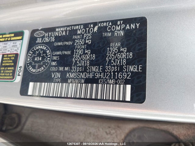 Продаж на аукціоні авто 2017 Hyundai Santa Fe Se/limited, vin: KM8SNDHF9HU211692, номер лоту: 12675307