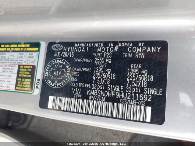 Продаж на аукціоні авто 2017 Hyundai Santa Fe Se/limited, vin: KM8SNDHF9HU211692, номер лоту: 12675307