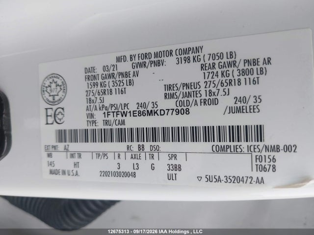 Продажа на аукционе авто 2021 Ford F150 Supercrew, vin: 1FTFW1E86MKD77908, номер лота: 12675313