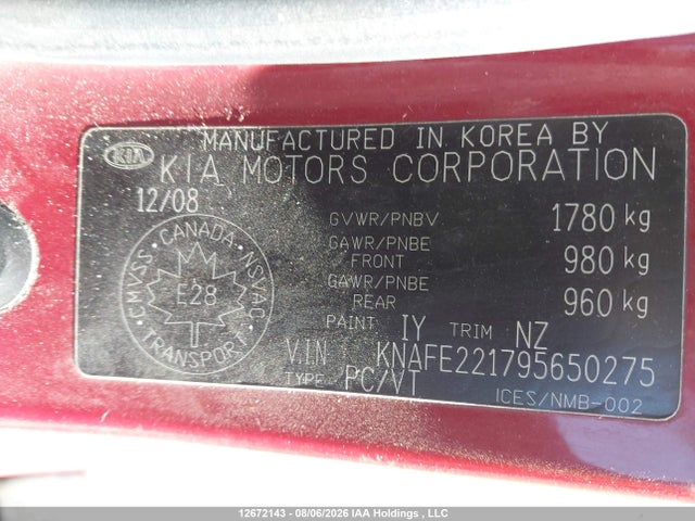 12672143 :رقم المزاد ، KNAFE221795650275 vin ، 2009 Kia Spectra Lx/lx Convenience/lx Premium مزاد بيع