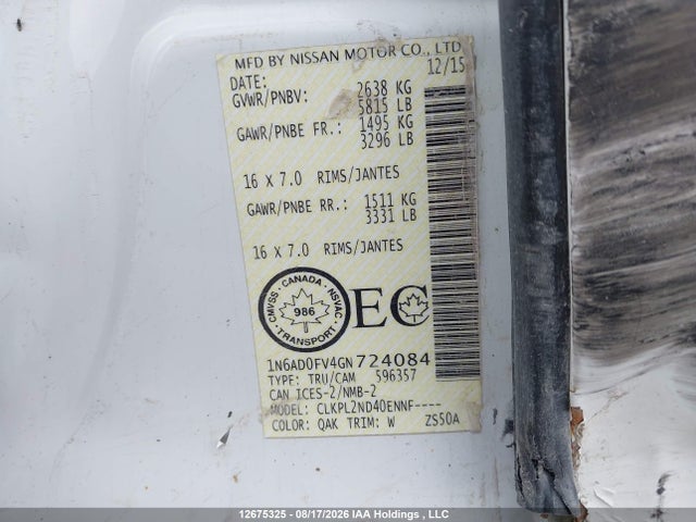Nissan Frontier Sv/sl 2016 1N6AD0FV4GN724084 Image 9