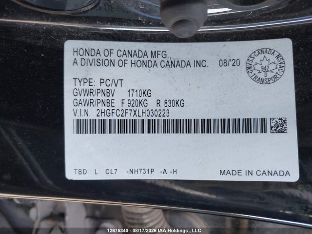 Honda Civic 2020 2HGFC2F7XLH030223 Image 9