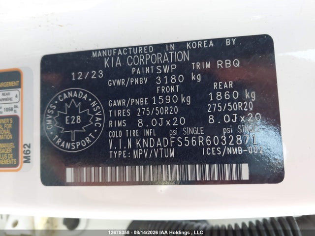 2024 Kia Ev9 Land/land W/premium Package მანქანა იყიდება აუქციონზე, vin: KNDADFS56R6032871, აუქციონის ნომერი: 12675358