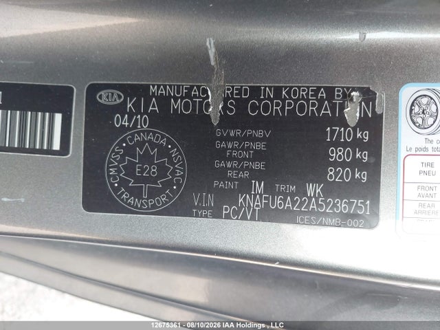 2010 Kia Forte Ex მანქანა იყიდება აუქციონზე, vin: KNAFU6A22A5236751, აუქციონის ნომერი: 12675361