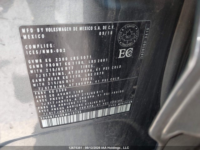 Aukcja sprzedaży 2019 Volkswagen Tiguan Trendline, vin: 3VV0B7AX0KM013735, numer aukcji: 12675381