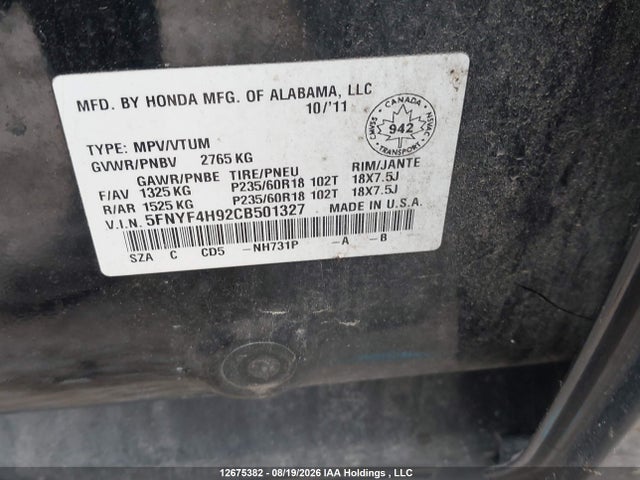 Продаж на аукціоні авто 2012 Honda Pilot, vin: 5FNYF4H92CB501327, номер лоту: 12675382