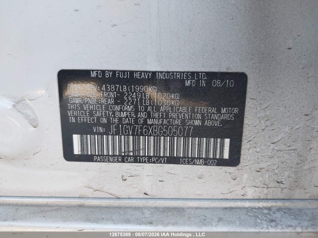 12675389 :رقم المزاد ، JF1GV7F6XBG505077 vin ، 2011 Subaru Impreza Wrx Limited مزاد بيع