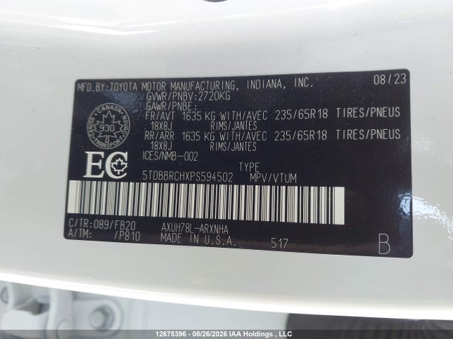 5TDBBRCHXPS594502 Toyota Highlander Hybrid Le