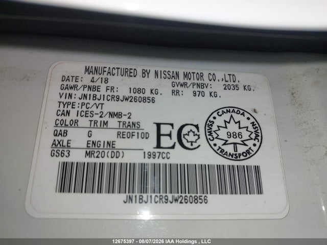 JN1BJ1CR9JW260856 Nissan Qashqai S/sl/sv