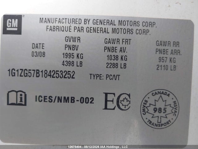 Auction sale of the 2008 Chevrolet Malibu Ls, vin: 1G1ZG57B184253252, lot number: 12675404