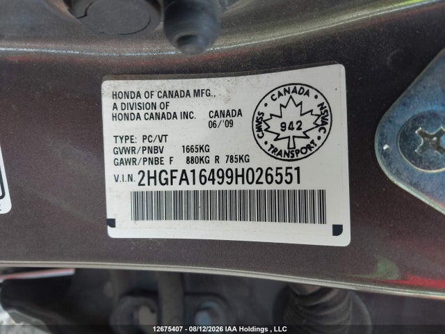 Aukcja sprzedaży 2009 Honda Civic Dx-g, vin: 2HGFA16499H026551, numer aukcji: 12675407