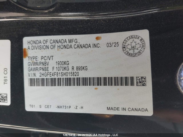 Aukcja sprzedaży 2025 Honda Civic Sport/sport Touring, vin: 2HGFE4F81SH015820, numer aukcji: 12675416