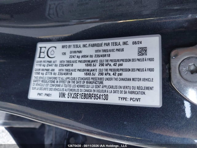 2024 Tesla Model 3 Long Range მანქანა იყიდება აუქციონზე, vin: 5YJ3E1EB0RF854130, აუქციონის ნომერი: 12675430