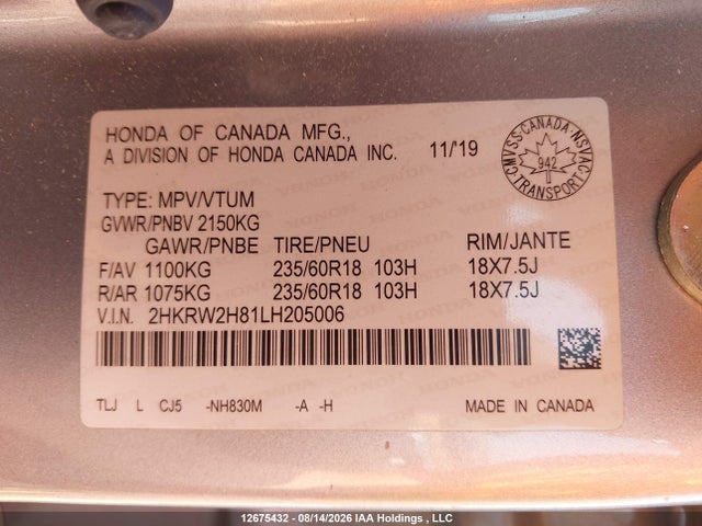 2HKRW2H81LH205006 Honda Cr-v Ex-l