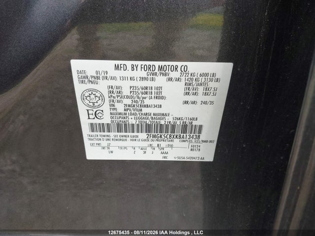 Aukcja sprzedaży 2019 Ford Flex Sel, vin: 2FMGK5C8XKBA13438, numer aukcji: 12675435