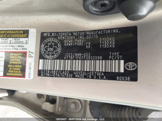 Aukcja sprzedaży 2015 Toyota Camry Xle, vin: 4T1BF1FK7FU932098, numer aukcji: 12675437
