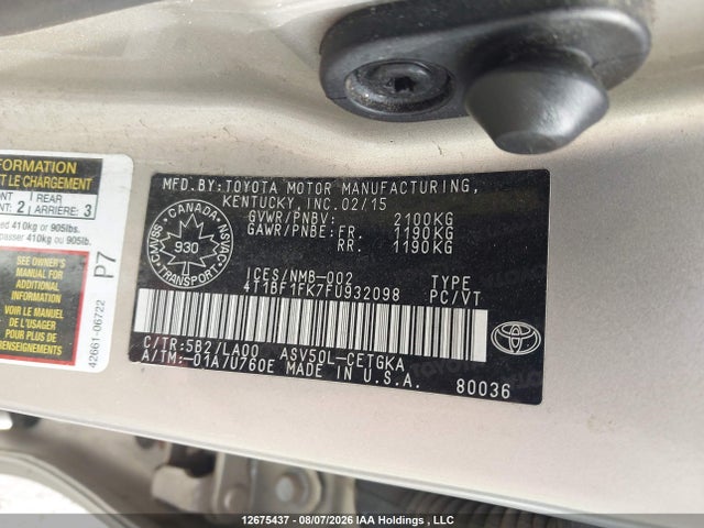 Aukcja sprzedaży 2015 Toyota Camry Xle, vin: 4T1BF1FK7FU932098, numer aukcji: 12675437
