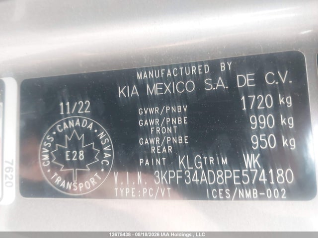 3KPF34AD8PE574180 KIA Forte Ex/ex Premium/ex+/gt-line