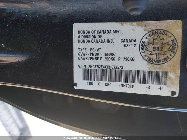 2012 Honda Civic Lx მანქანა იყიდება აუქციონზე, vin: 2HGFB2E4XCH023573, აუქციონის ნომერი: 12675440