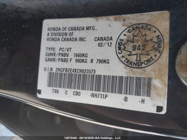 2012 Honda Civic Lx მანქანა იყიდება აუქციონზე, vin: 2HGFB2E4XCH023573, აუქციონის ნომერი: 12675440