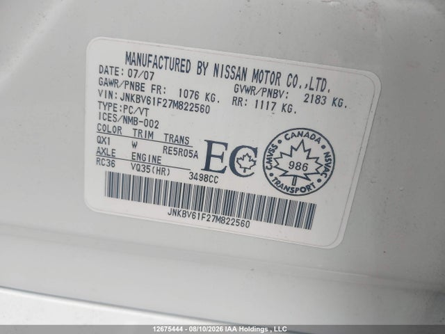 Aukcja sprzedaży 2007 Infiniti G35x, vin: JNKBV61F27M822560, numer aukcji: 12675444