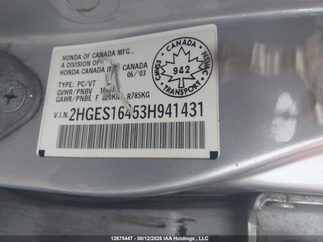 Продаж на аукціоні авто 2003 Honda Civic Dx-g, vin: 2HGES16453H941431, номер лоту: 12675447