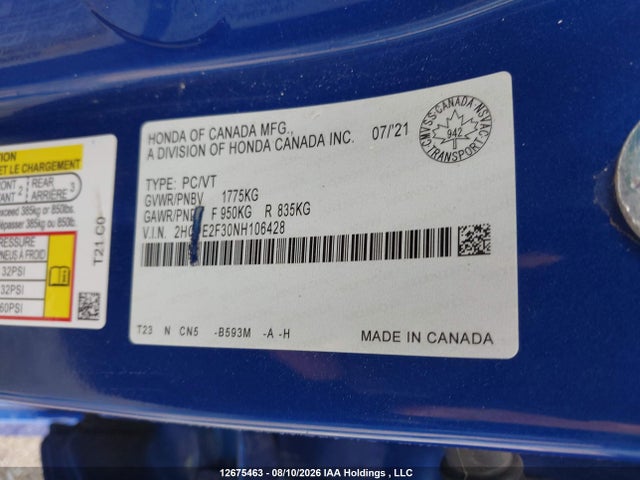 12675463 :رقم المزاد ، 2HGFE2F30NH106428 vin ، 2022 Honda Civic Ex 4dr مزاد بيع