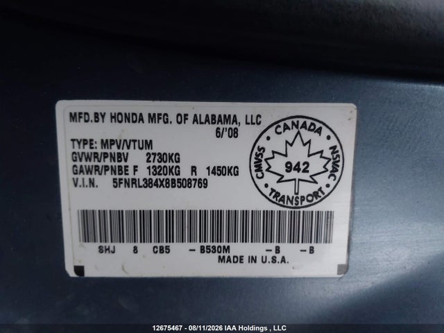 Продаж на аукціоні авто 2008 Honda Odyssey Ex, vin: 5FNRL384X8B508769, номер лоту: 12675467