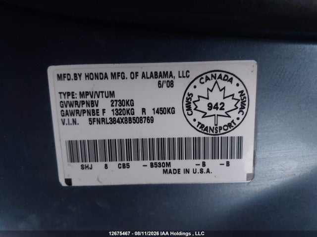 Продаж на аукціоні авто 2008 Honda Odyssey Ex, vin: 5FNRL384X8B508769, номер лоту: 12675467