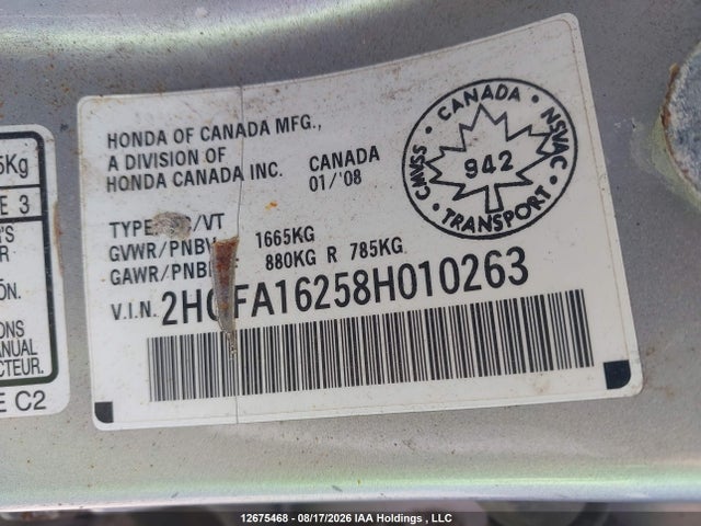 Продаж на аукціоні авто 2008 Honda Civic Dx/dx-a, vin: 2HGFA16258H010263, номер лоту: 12675468