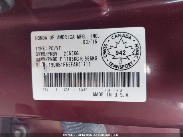 12675479 :رقم المزاد ، 19UUB1F56FA801718 vin ، 2015 Acura Tlx Tech مزاد بيع
