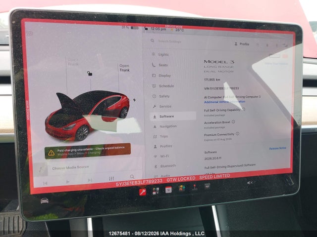 12675481 :رقم المزاد ، 5YJ3E1EB3LF789233 vin ، 2020 Tesla Model 3 Long Range مزاد بيع