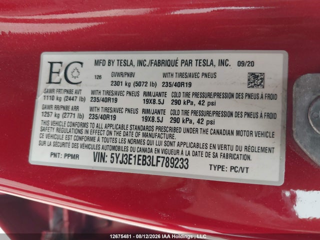 12675481 :رقم المزاد ، 5YJ3E1EB3LF789233 vin ، 2020 Tesla Model 3 Long Range مزاد بيع