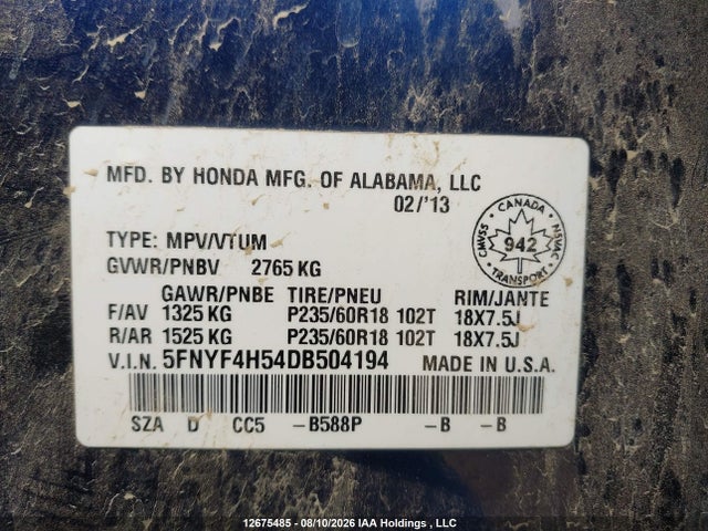 12675485 :رقم المزاد ، 5FNYF4H54DB504194 vin ، 2013 Honda Pilot Ex-l مزاد بيع