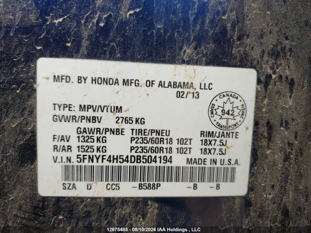 12675485 :رقم المزاد ، 5FNYF4H54DB504194 vin ، 2013 Honda Pilot Ex-l مزاد بيع