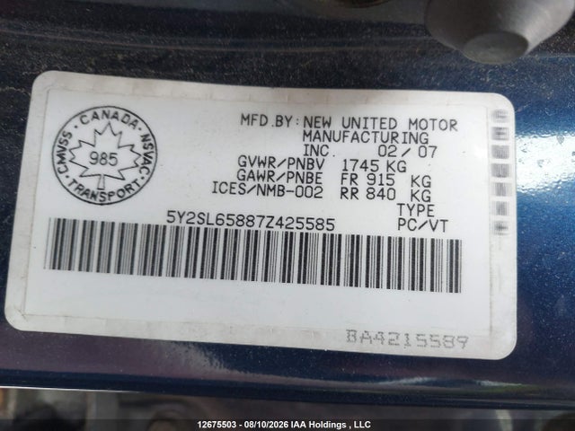 Aukcja sprzedaży 2007 Pontiac Vibe, vin: 5Y2SL65887Z425585, numer aukcji: 12675503