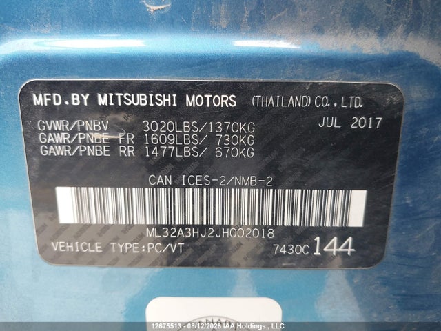 Aukcja sprzedaży 2018 Mitsubishi Mirage, vin: ML32A3HJ2JH002018, numer aukcji: 12675513