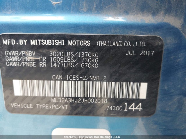 Aukcja sprzedaży 2018 Mitsubishi Mirage, vin: ML32A3HJ2JH002018, numer aukcji: 12675513