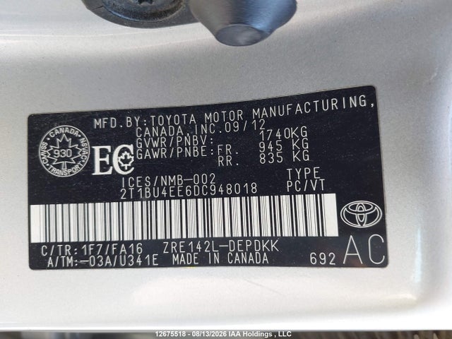 12675518 :رقم المزاد ، 2T1BU4EE6DC948018 vin ، 2013 Toyota Corolla Ce مزاد بيع