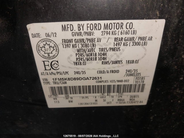 Auction sale of the 2013 Ford Explorer Xlt, vin: 1FM5K8D89DGA72631, lot number: 12675519