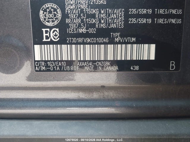 2019 Toyota Rav4 Limited მანქანა იყიდება აუქციონზე, vin: 2T3D1RFV9KC010046, აუქციონის ნომერი: 12675520