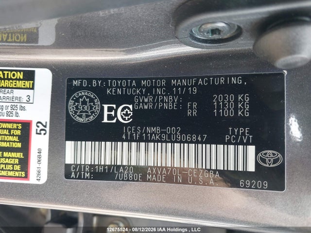 Продаж на аукціоні авто 2020 Toyota Camry Xle, vin: 4T1F11AK9LU906847, номер лоту: 12675524
