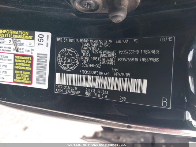 12675525 :رقم المزاد ، 5TDDK3DC9FS104834 vin ، 2015 Toyota Sienna Xle/limited مزاد بيع