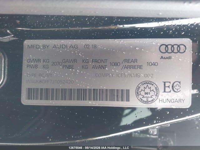 12675546 :رقم المزاد ، WAUK8GFF7J1052420 vin ، 2018 Audi A3 2.0t Technik مزاد بيع